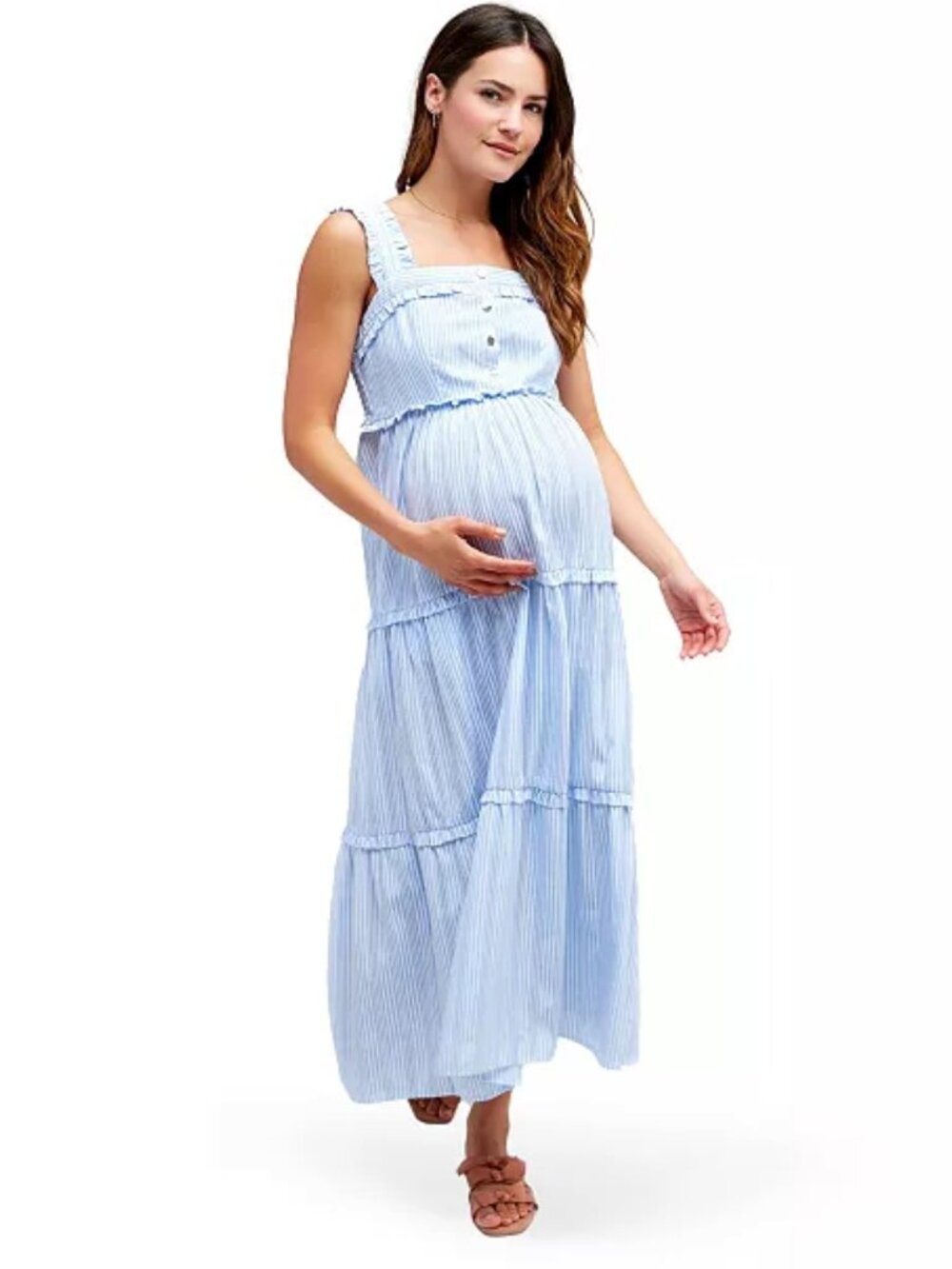 NOM Maternity Dress Emma During + After Maxi Tank Dress Sky Stripe SZ XL NWT